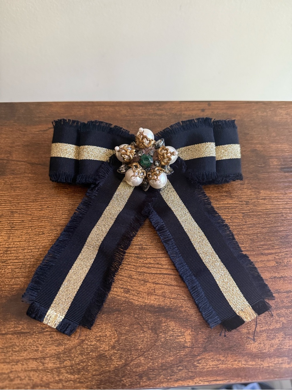 Gucci Navy Ribbon Brooch with Gold Stripe and Pearl Jewel Accent